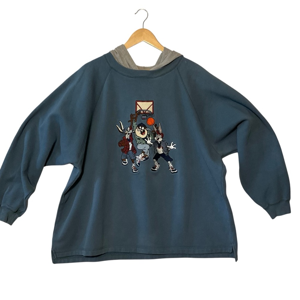 vtg WARNER BROTHERS sz X Large Space Jam Hooded Sweatshirt Embroidered 1995 Blue